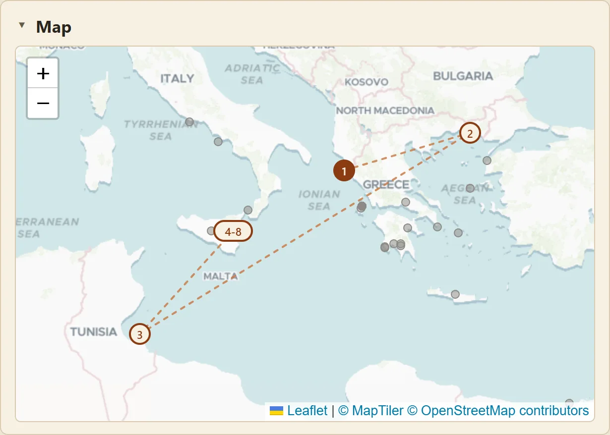 Map of Odyssey Book 9: numbered pins trace Ulysses from Troy past the Cicons and the Lotus-eaters to the Cyclops.